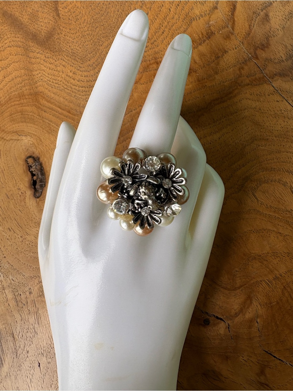 Pearl and Crystal Floral Statement Ring with Frog - Size 8